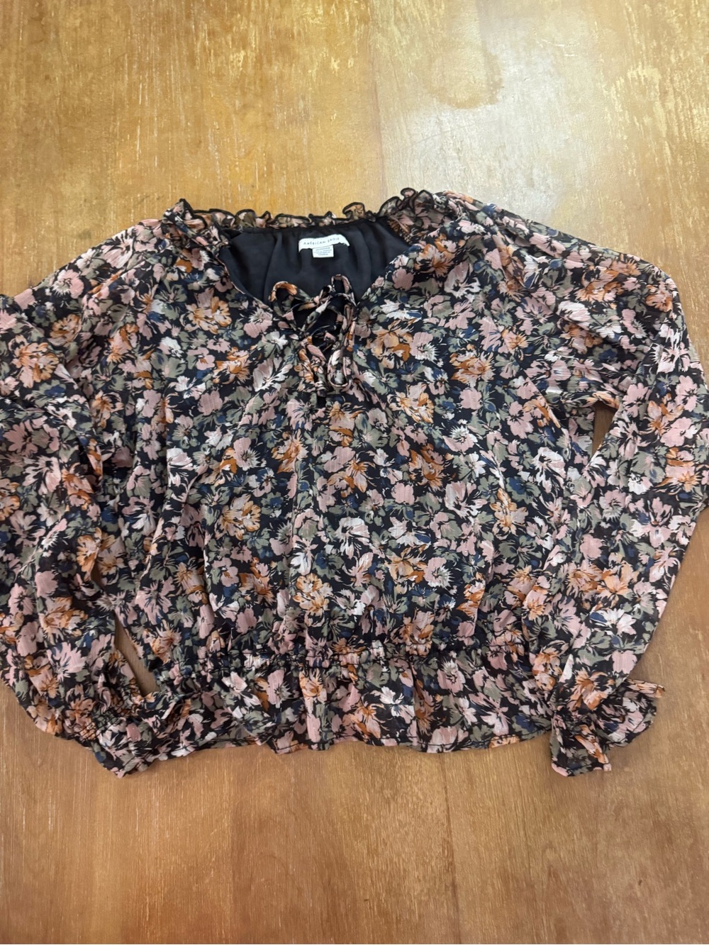 American Eagle Outfitters Floral Tie-Neck Blouse - Black, Pink, Tan